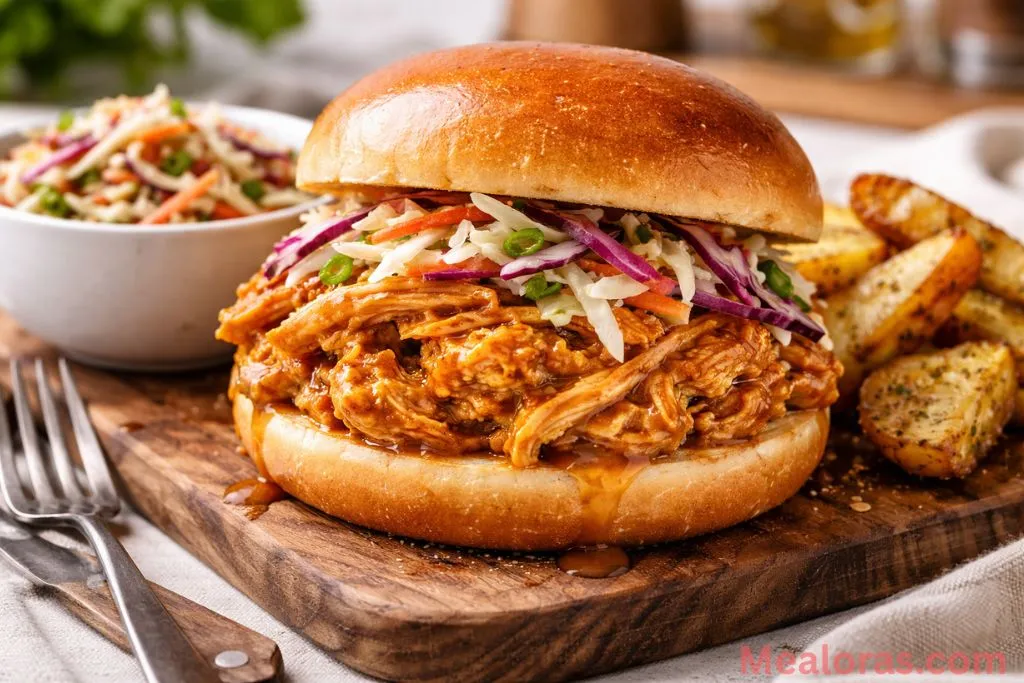 shredded honey mustard chicken sandwich with red cabbage slaw on a brioche bun