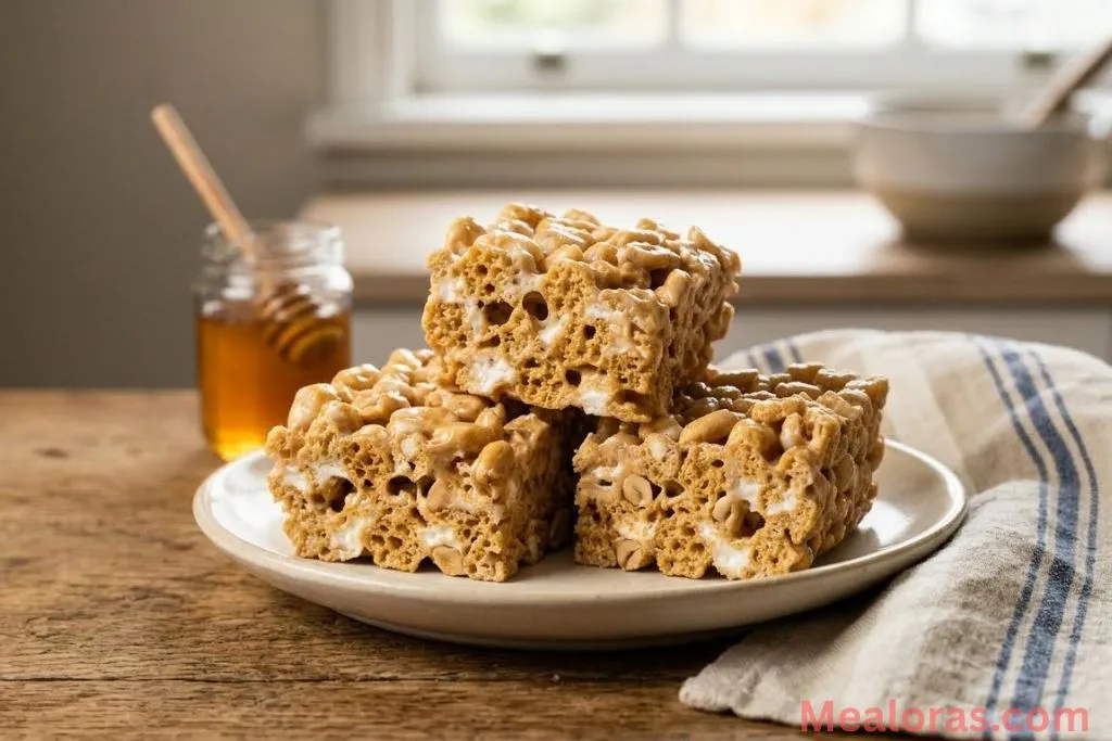 picking up a square of honeycomb marshmallow treat from a wooden board