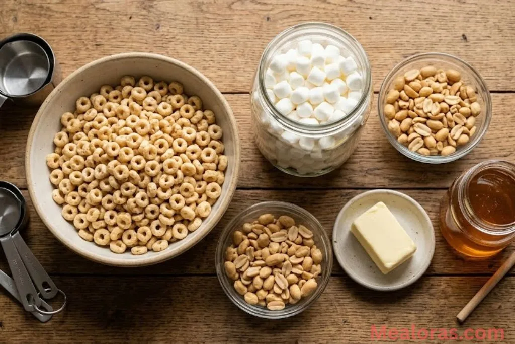 Honeycomb cereal, mini marshmallows, butter, honey, and salted peanuts arranged on a counter.