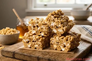shot of thick, gooey Honeycomb marshmallow treats stacked on a platter
