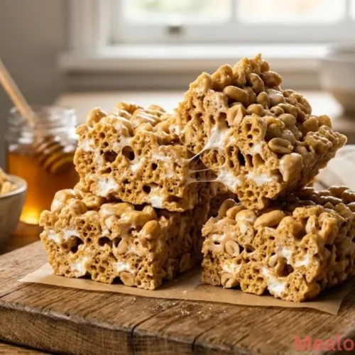 shot of thick, gooey Honeycomb marshmallow treats stacked on a platter