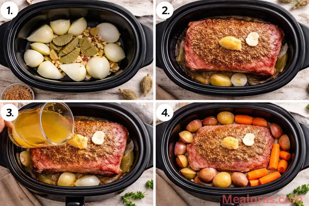 Steps showing onions in slow cooker, seasoning the brisket, adding broth, and starting the simmer