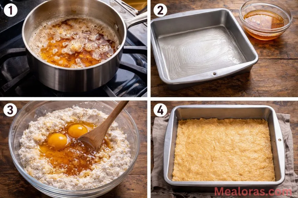 Steps showing browning butter and pressing cake mix dough into a pan