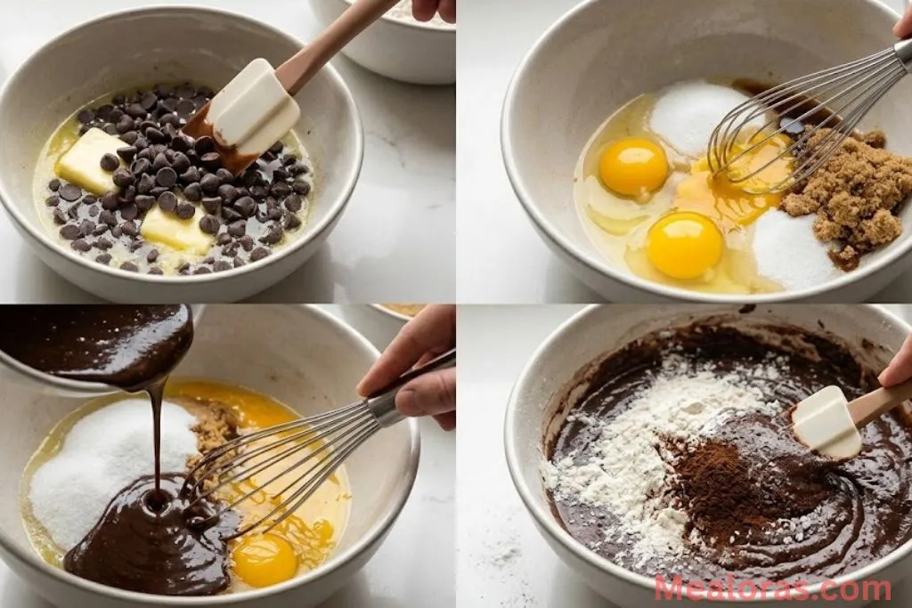Steps showing melting chocolate, whisking eggs, and mixing brownie batter