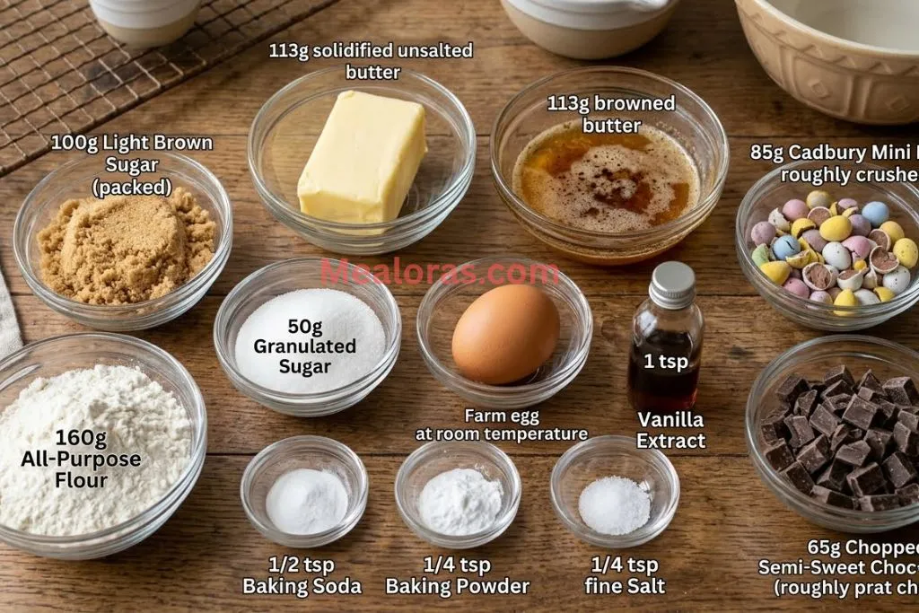 Pre-measured bowls of flour, sugars, brown butter, and crushed chocolate mini eggs