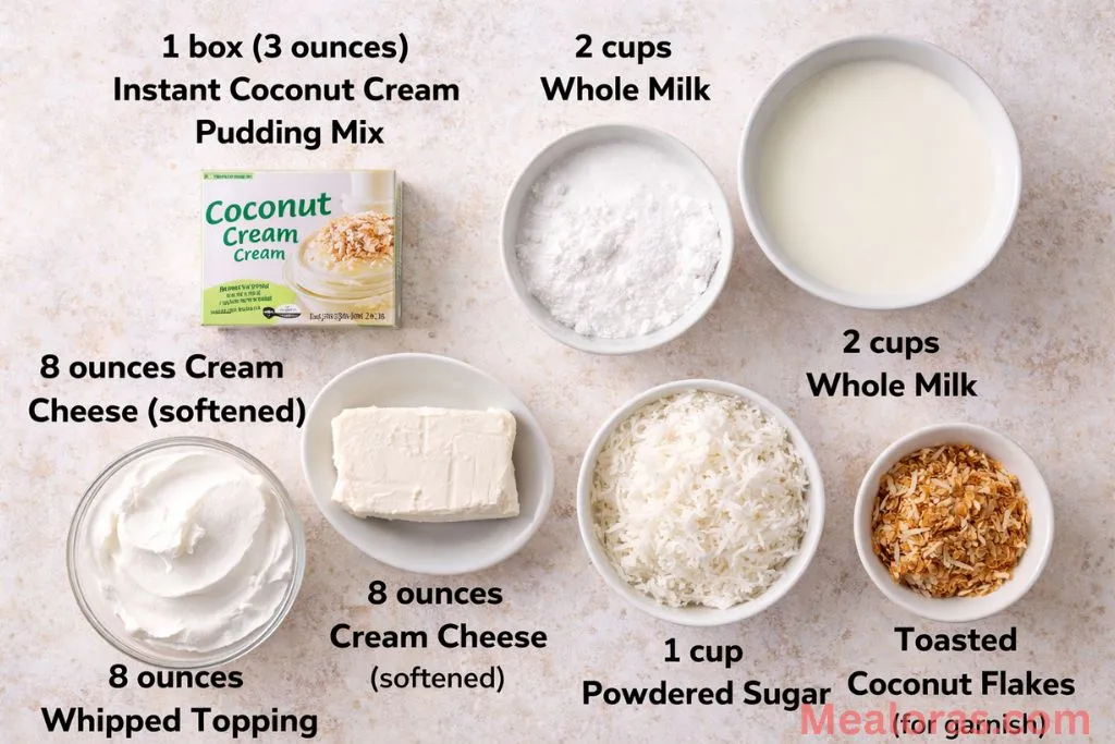 Layout of coconut pudding mix, milk, cream cheese, and whipped topping