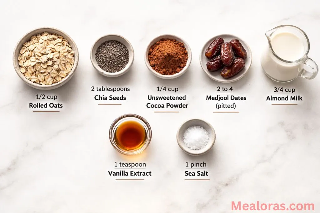 Rolled oats, chia seeds, cocoa powder, dates, and almond milk arranged on a kitchen counter