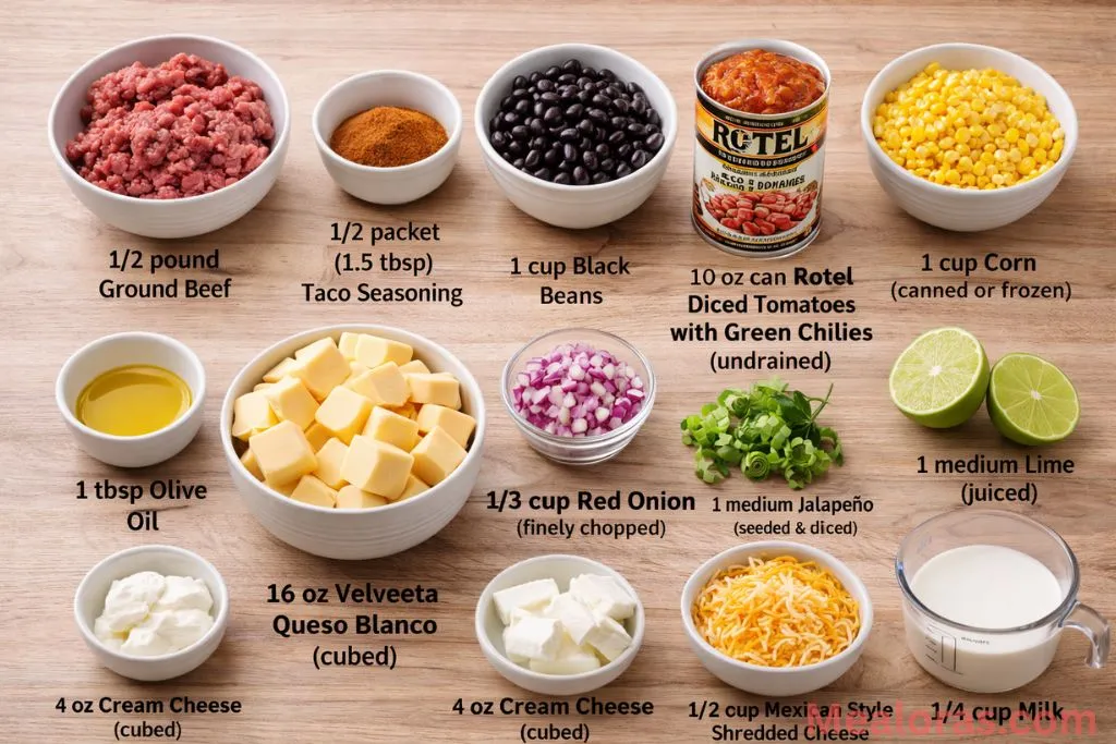 Raw ground beef, Velveeta cheese cubes, black beans, corn, and fresh jalapeños on a counter