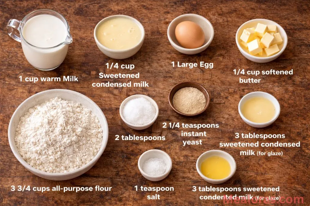 Bowls of flour, yeast, milk, egg, and a can of condensed milk