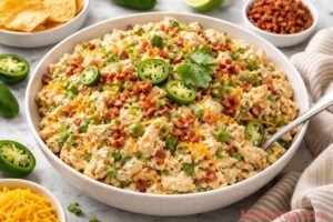 A large white bowl of creamy jalapeño popper chicken salad topped with bacon bits