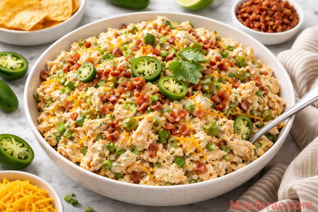 A large white bowl of creamy jalapeño popper chicken salad topped with bacon bits