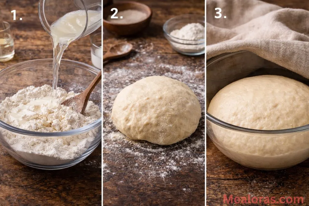 Collage showing dough being mixed, kneaded into a smooth ball, and rising in a bowl.