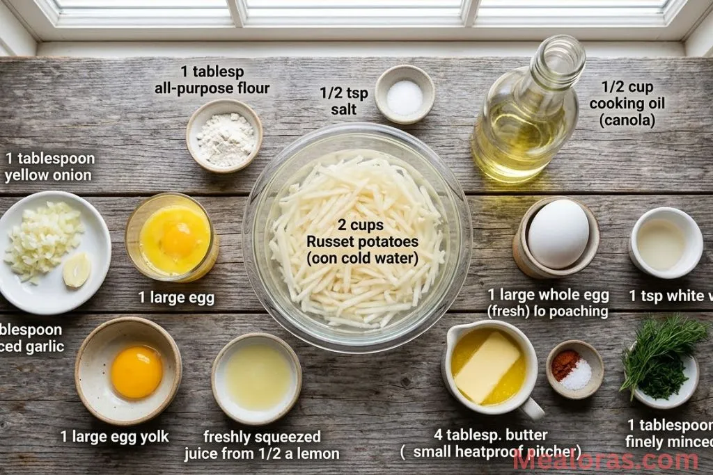 Raw shredded russet potatoes, eggs, butter, lemon, and spices on a kitchen counter