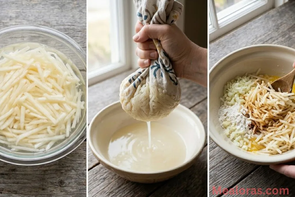 showing shredded potatoes, squeezing moisture in a towel, and mixing batter