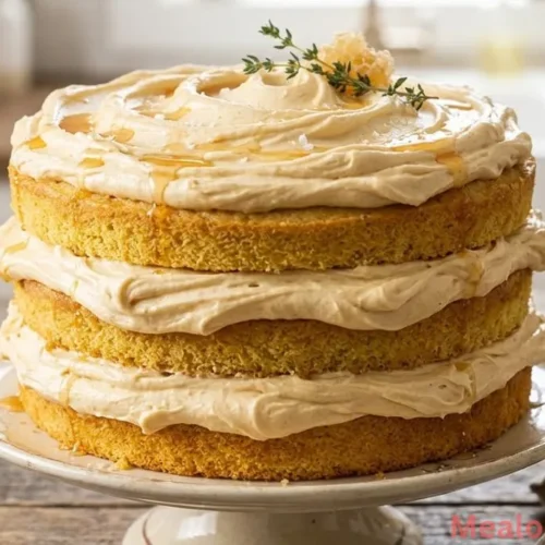 Three-layer golden cornbread cake with thick swirls of honey butter frosting