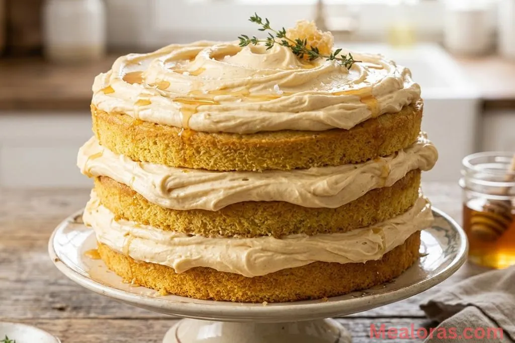 Three-layer golden cornbread cake with thick swirls of honey butter frosting