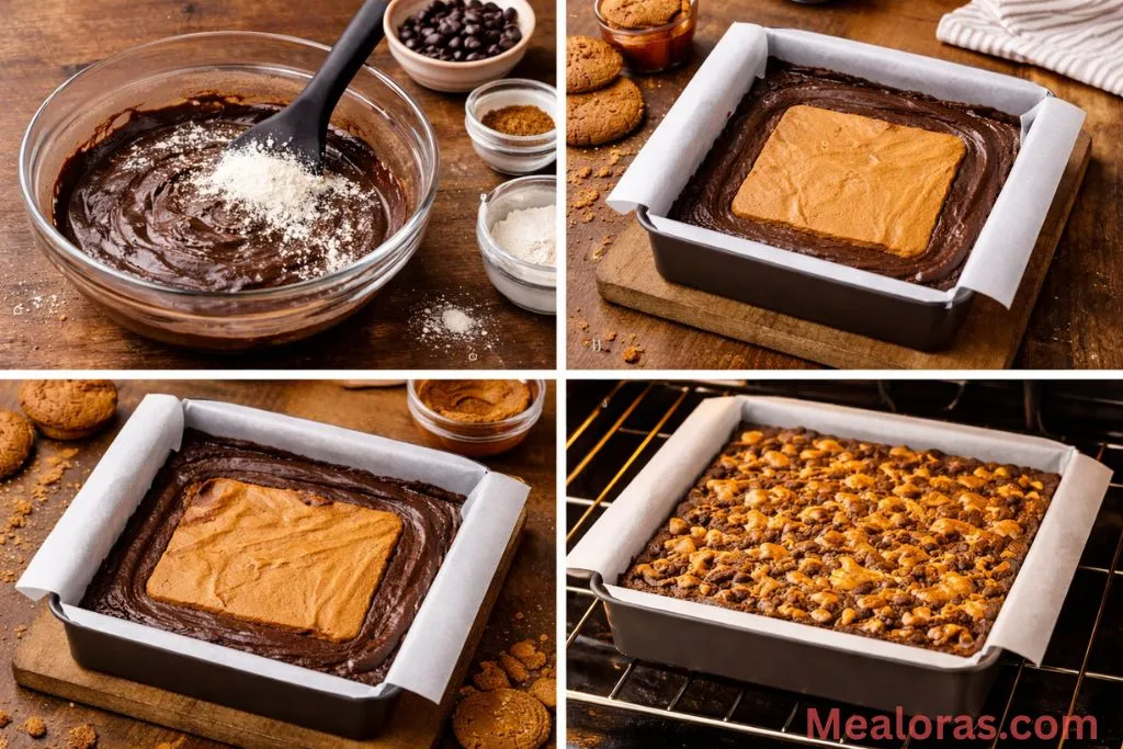 showing the frozen cookie butter layer being added to the batter and the pan going into the oven
