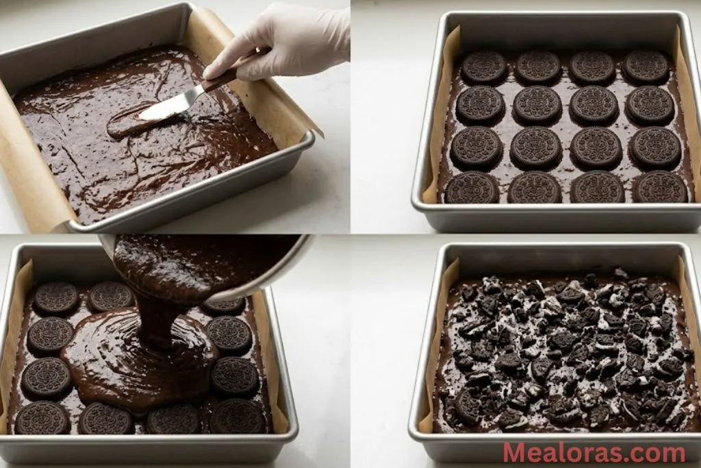 Steps showing layering whole cookies and spreading batter in a square pan