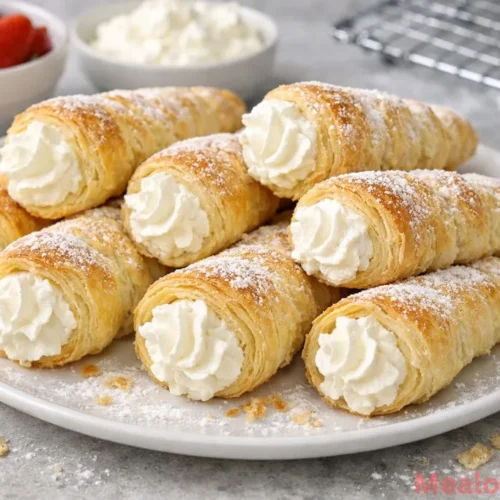 Golden brown puff pastry cream horns filled with white marshmallow cream