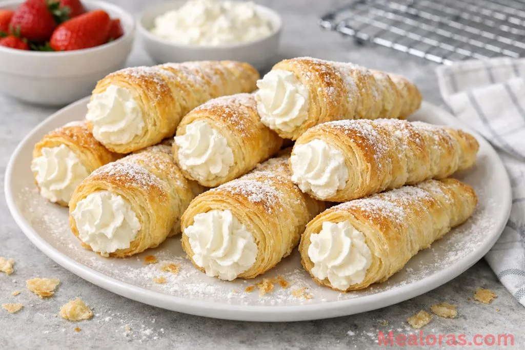 Golden brown puff pastry cream horns filled with white marshmallow cream