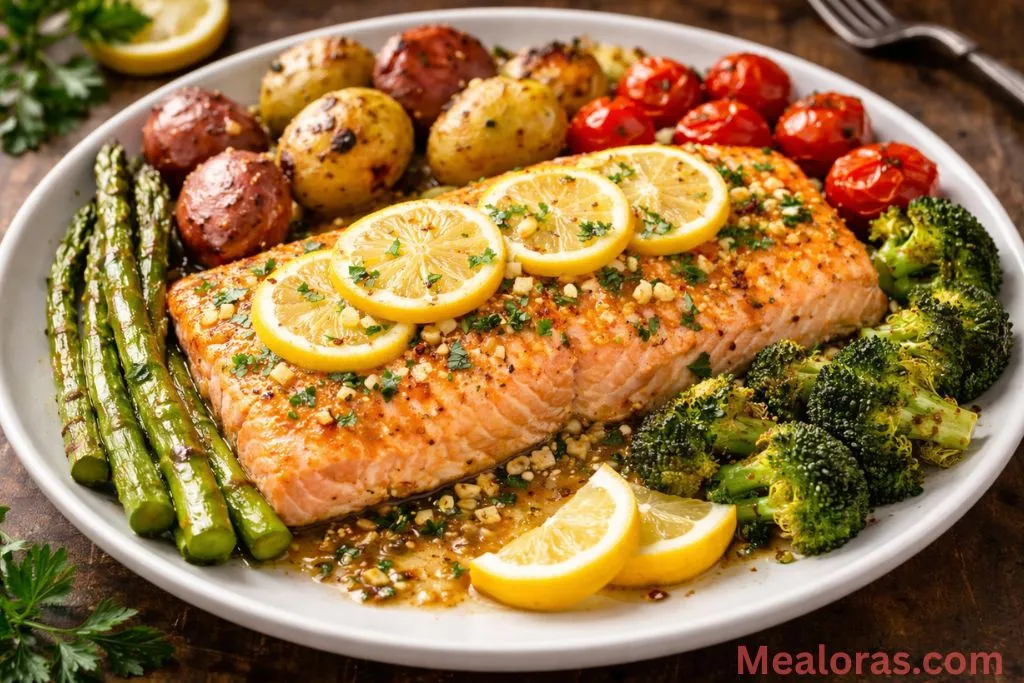 A plated portion of flaky lemon garlic butter salmon garnished with fresh parsley
