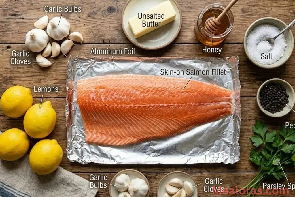 salmon fillet, lemon slices, minced garlic, melted butter, and honey on a clean background