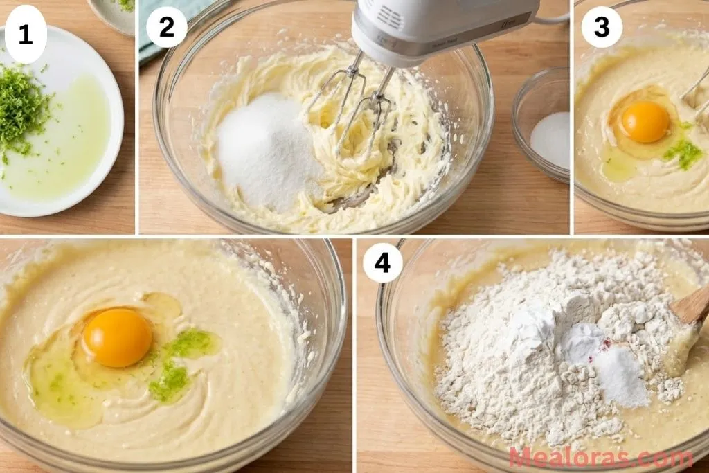 Step-by-step process of creaming butter, adding lime zest, and mixing dough