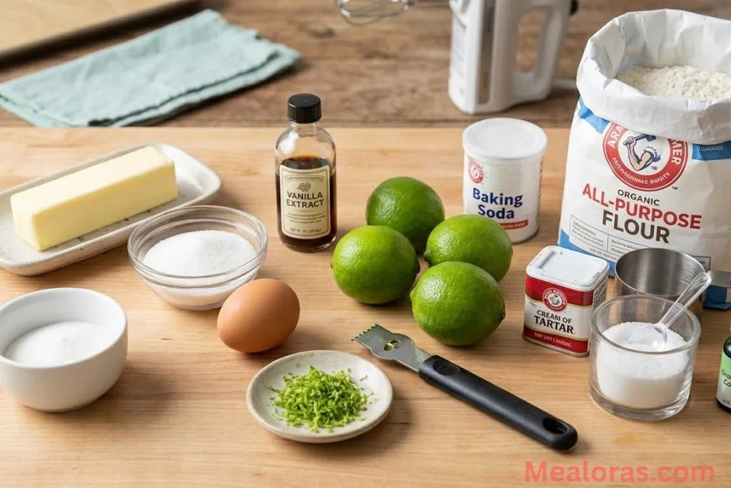 limes, butter, sugar, flour, and baking essentials on a counter