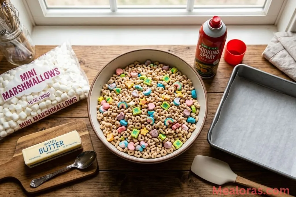 Butter, a bag of mini marshmallows, and a bowl of Lucky Charms cereal on a counter