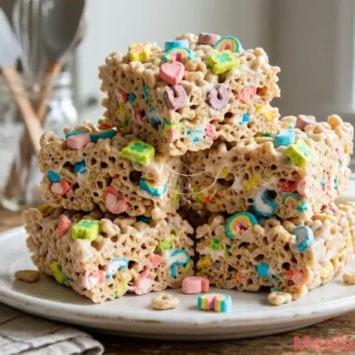 A stack of thick, gooey Lucky Charms marshmallow cereal bars on a white plate