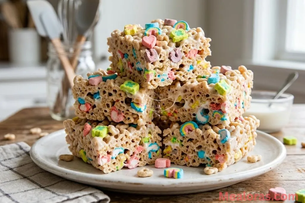 A stack of thick, gooey Lucky Charms marshmallow cereal bars on a white plate