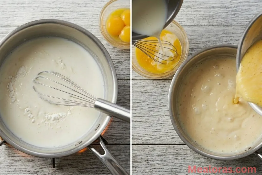 Whisking pastry cream in a saucepan and tempering egg yolks for the filling.