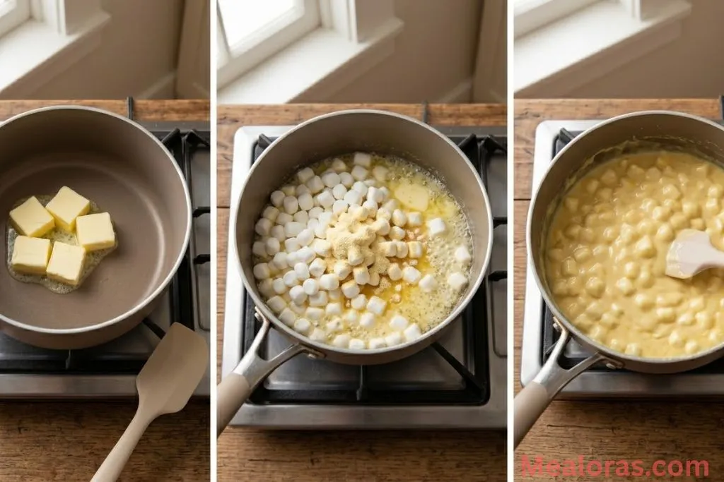 Melting butter and marshmallows with banana pudding mix in a saucepan