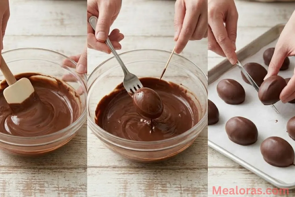 Melting chocolate in a bowl, dipping chilled eggs using a fork, and final eggs setting on a tray