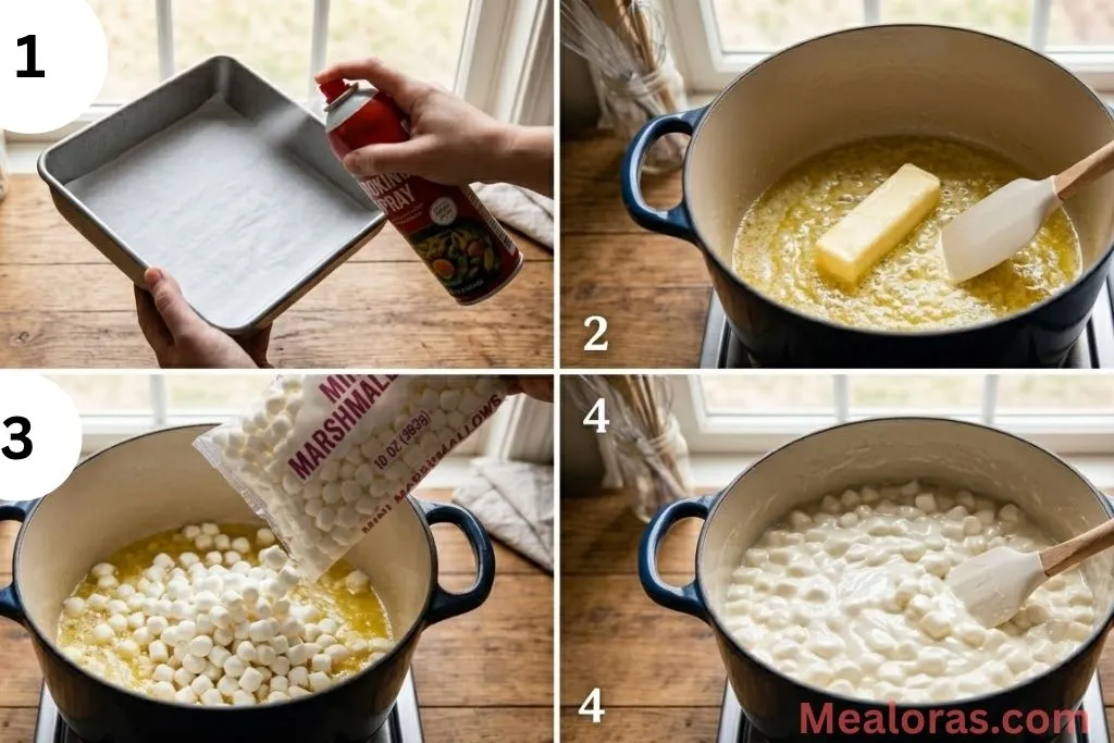 A collage showing melting butter, adding marshmallows, and stirring in the cereal