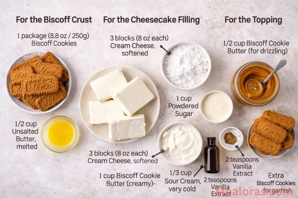 Group of ingredients including Biscoff cookies, cream cheese, and heavy cream.