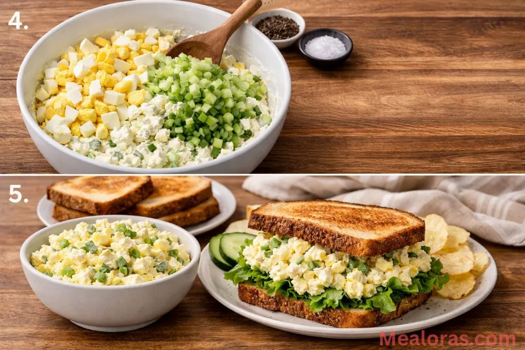 Collage showing chopped eggs and celery being folded into the mixture and spread onto toasted bread.