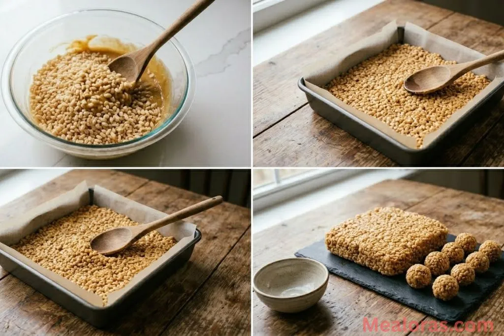 Folding rice cereal into peanut butter mixture and rolling into balls