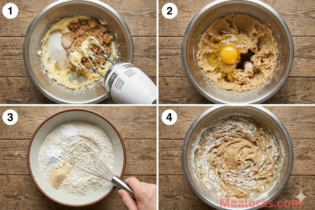 Steps showing creaming butter and sugar, adding eggs, and mixing dry ingredients