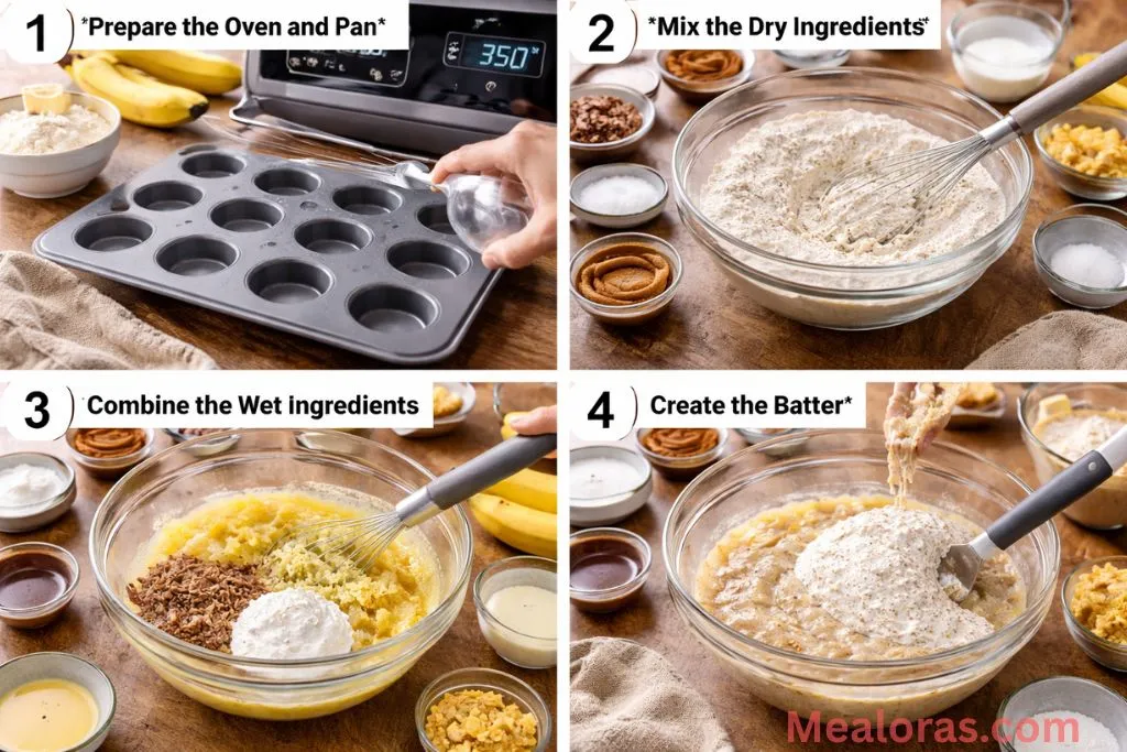 Collage showing the whisking of dry ingredients and folding in mashed banana wet mixture