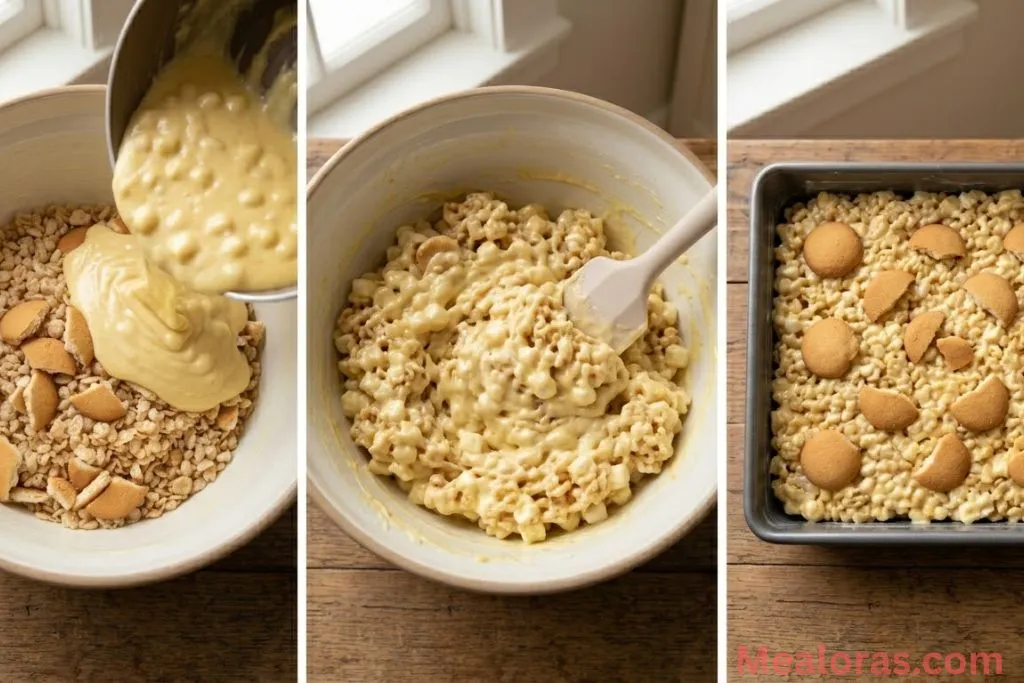 Stirring cereal and vanilla wafers into melted banana marshmallow mixture