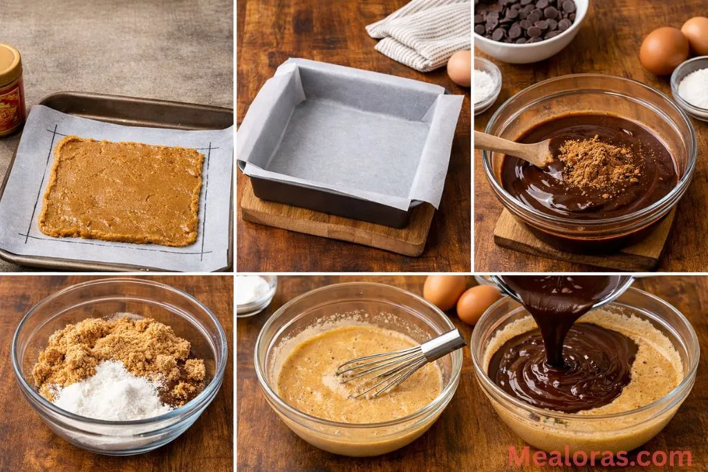 showing the process of melting chocolate, whisking eggs with sugar, and folding in dry ingredients