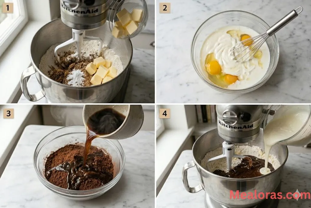 Stand mixer blending room temperature butter into flour and sugar to create a sandy texture