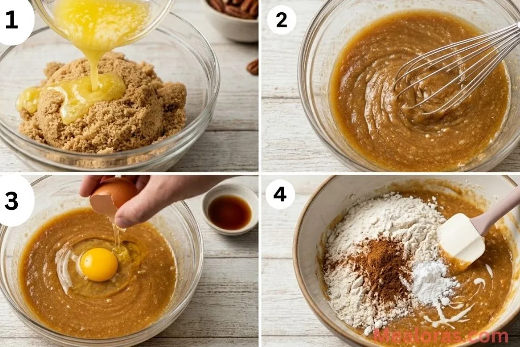 Process shots showing melted butter, mixing sugar, adding eggs, and folding in dry ingredients