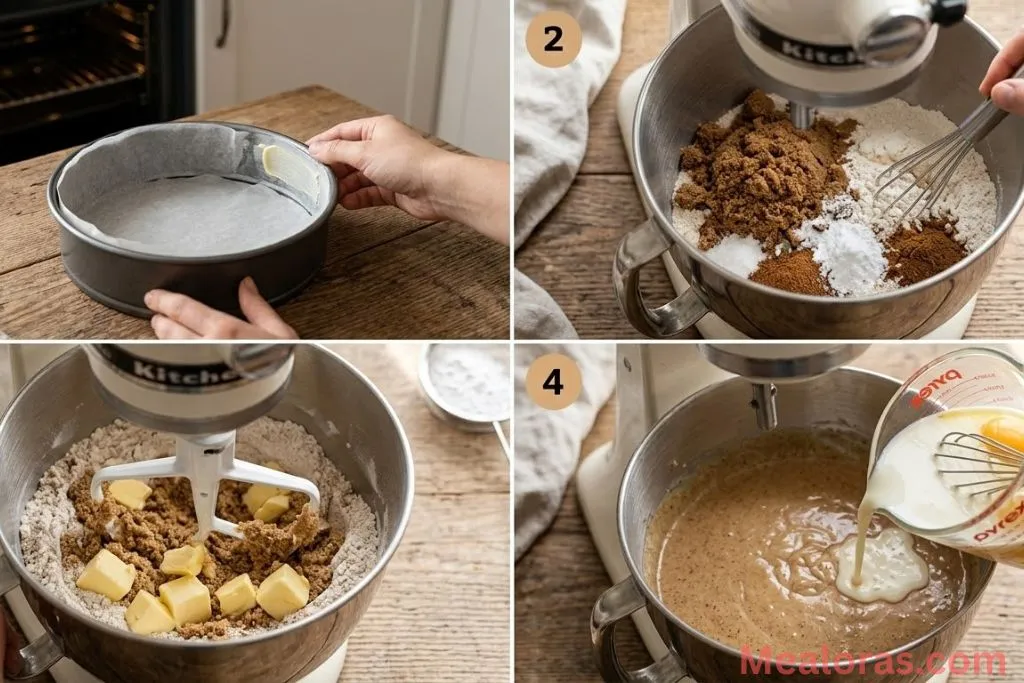 Step-by-step photos showing spices being mixed into flour and butter being incorporated.