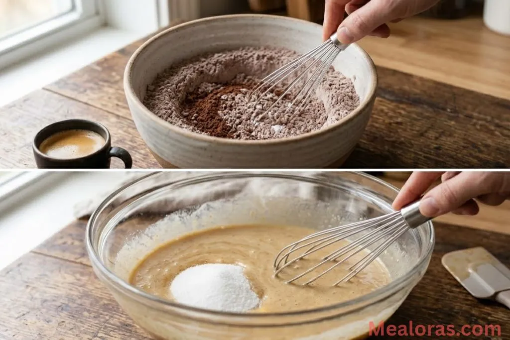 Whisking dry ingredients and combining wet ingredients in glass bowls