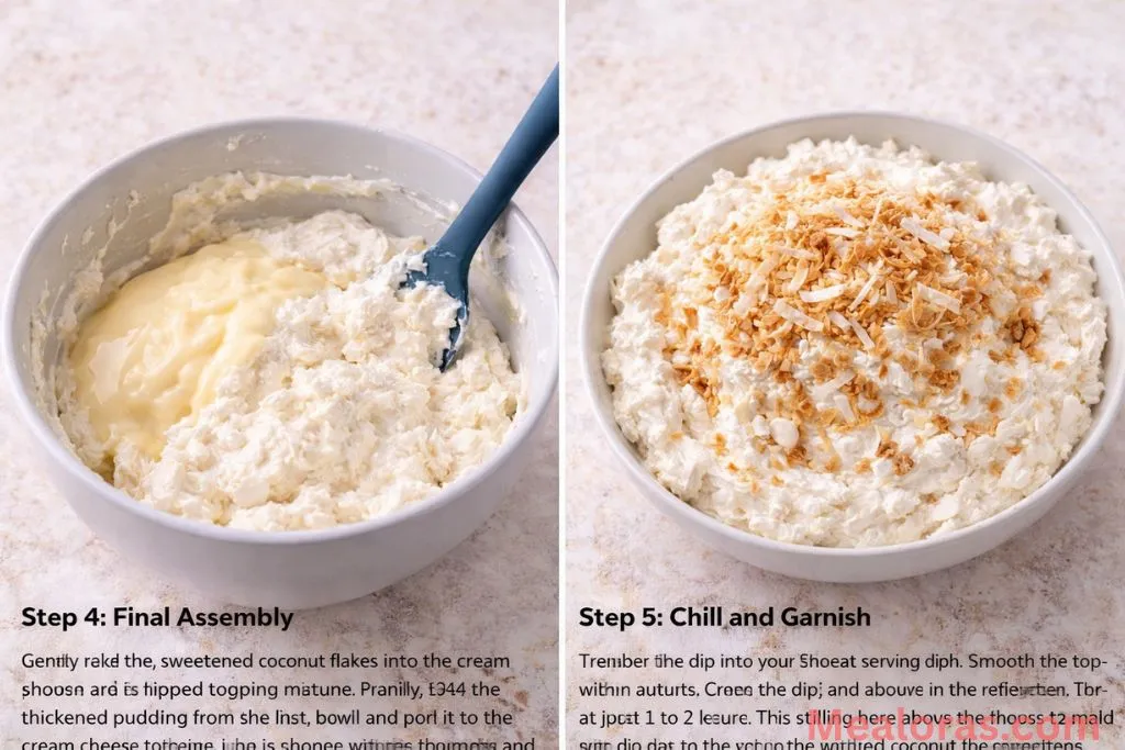 Folding whipped topping and coconut flakes into the pudding mixture
