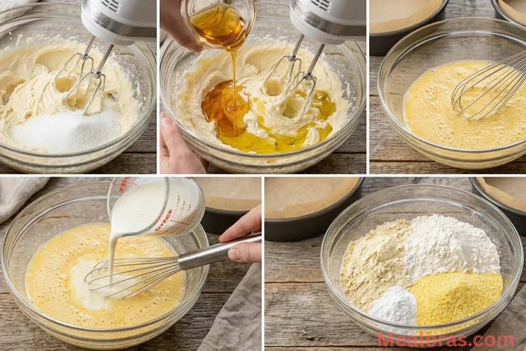 Collage showing butter creaming, adding honey and oil, and whisking wet ingredients