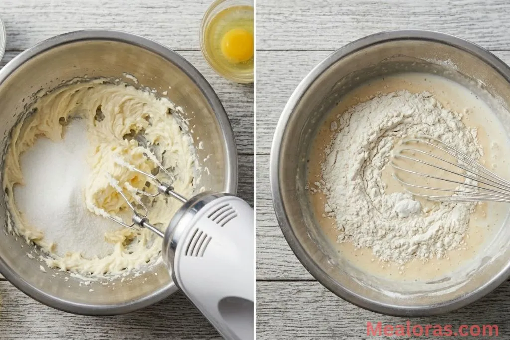Beating butter and sugar in a bowl and whisking flour into the cupcake batter