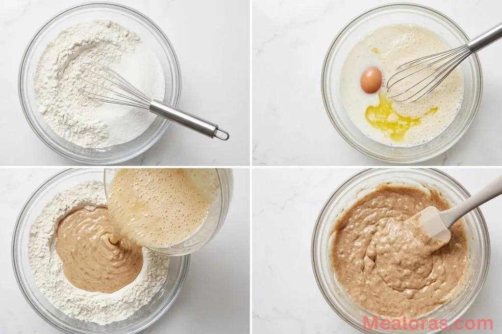 Step-by-step process of mixing dry and wet ingredients for bread batter.